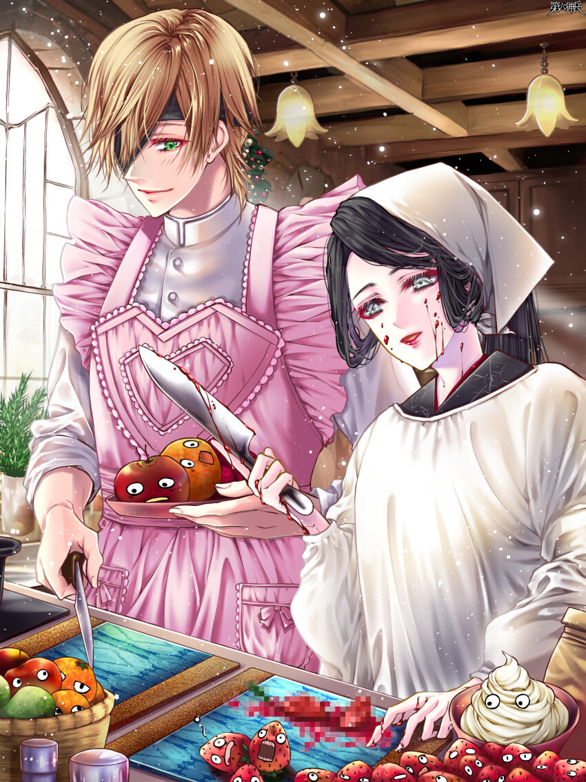 1boy, 1girl, alfiedo_krofi, apple, apron, basket, censored, censored_food