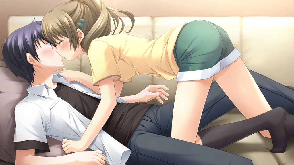 1boy, 1girl, black_hair, blush, brown_hair, couch, couple, closed_eyes