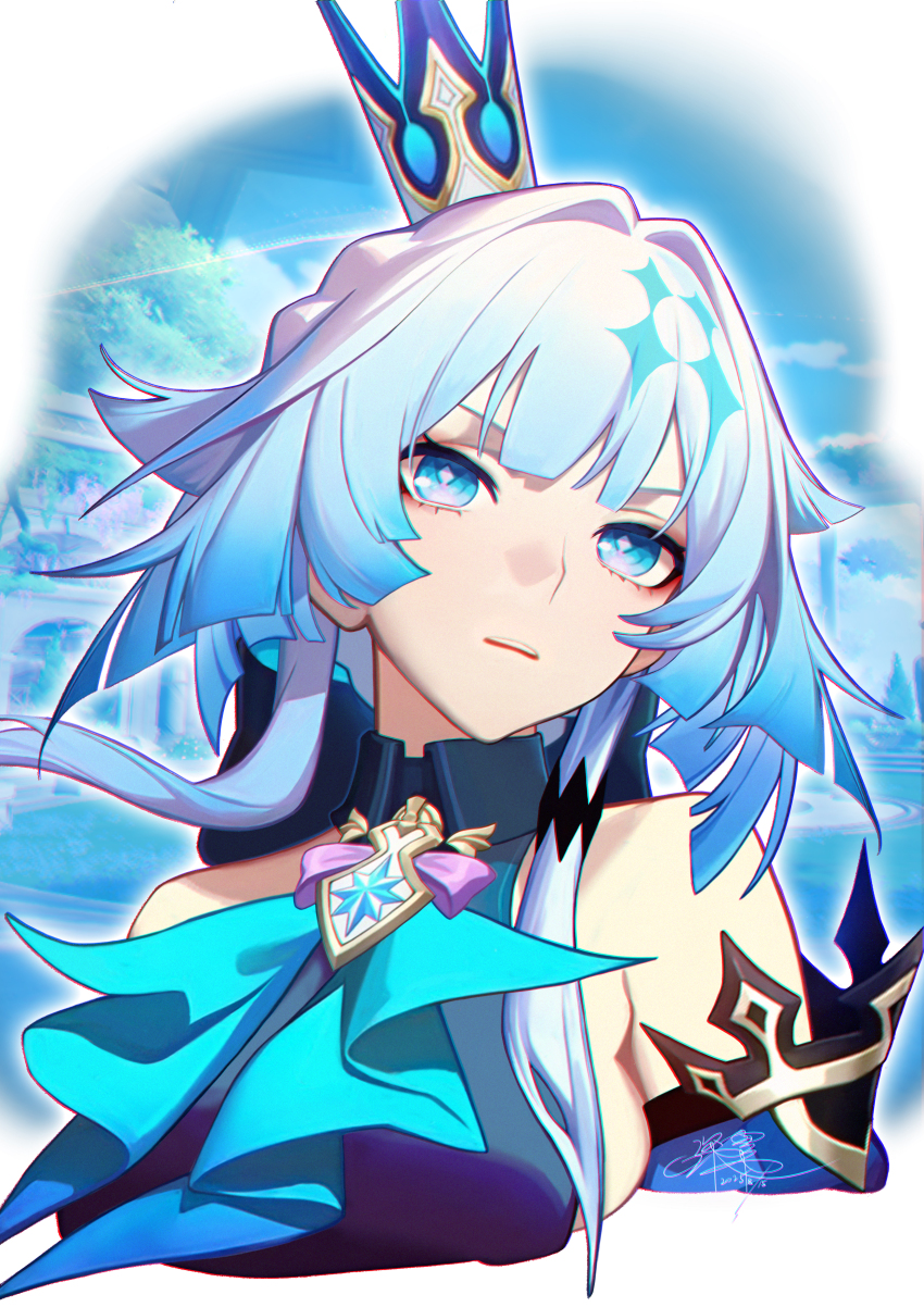 1girl, absurdres, bare_shoulders, blue_eyes, blue_hair, cerydra_(honkai:_star_rail), commentary, crown
