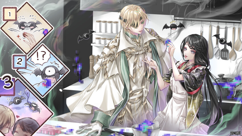 1boy, 1girl, alfiedo_krofi, bat_(animal), black_hair, blonde_hair, burnt_food, censored