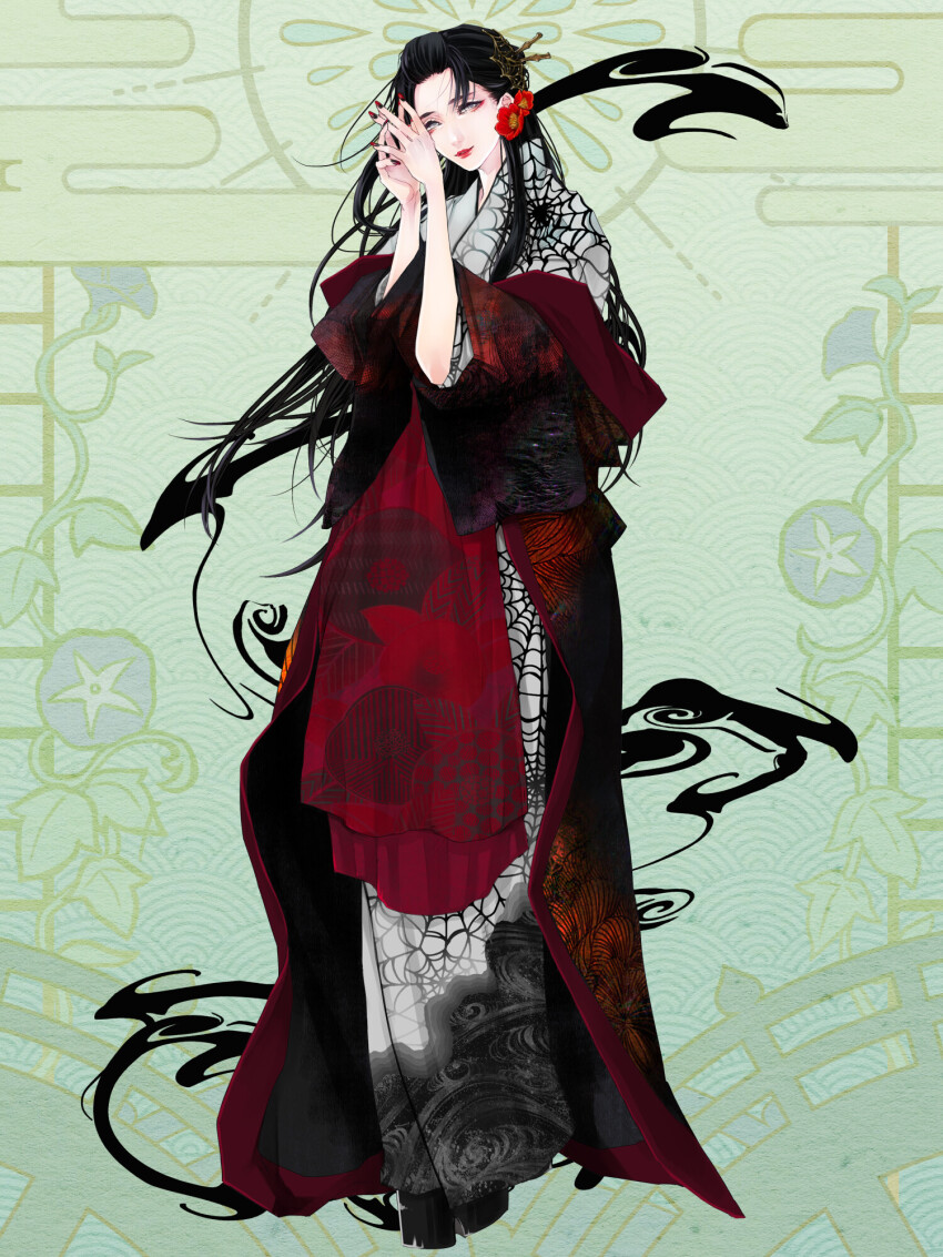 1girl, anenecca, black_hair, dairoku_ryouhei, flower, full_body, green_background, grey_eyes