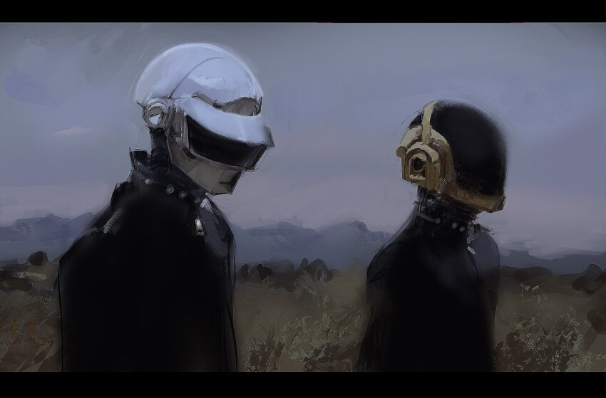 2boys, black_jacket, commentary, daft_punk, guy-manuel_de_homem-christo, helmet, highres, jacket, letterboxed, luciluuulu, multiple_boys, outdoors, profile, real_life, thomas_bangalter, turtleneck, upper_body