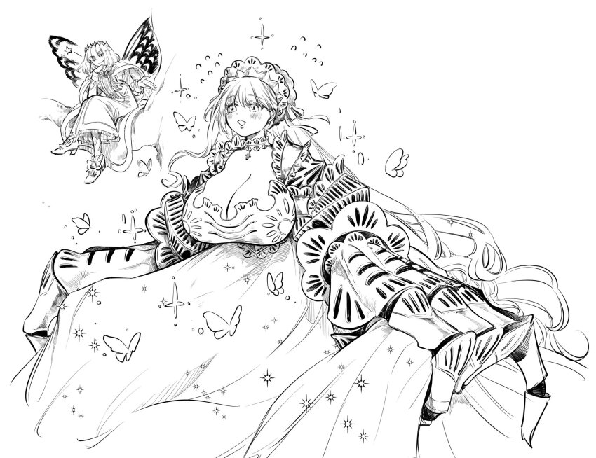 1boy, 1girl, absurdly_long_hair, armor, armored_dress, blush, breasts, bug, bustier, butterfly, butterfly_wings, cape, claw_(weapon), cleavage, cloak, closed_mouth, crown, diamond_hairband, dress, fate/extra, fate/extra_ccc, fate/grand_order, fate_(series), full_body, fur-trimmed_cape, fur-trimmed_cloak, fur_trim, greyscale, hair_ribbon, highres, huge_breasts, insect, insect_wings, long_hair, long_sidelocks, long_skirt, long_sleeves, looking_at_another, mame_nabe_donko, mechanical_arms, medium_hair, monochrome, oberon_(fate), oberon_(first_ascension)_(fate), open_mouth, passionlip_(fate), passionlip_(swimsuit_saber)_(third_ascension)_(fate), ribbon, sidelocks, single_sidelock, skirt, smile, very_long_hair, weapon, white_background, wings