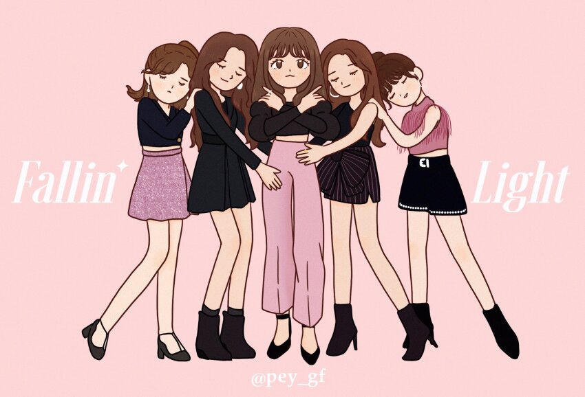 5girls, black_dress, brown_eyes, brown_hair, closed_eyes, commentary, dress, earrings