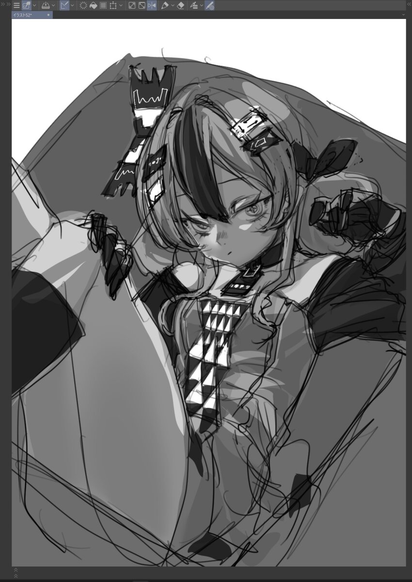 1girl, :/, absurdres, arairestaurant, art_program_in_frame, bow, closed_mouth, cross-shaped_pupils, double_bun, dress, feet_out_of_frame, gloves, greyscale, hair_bow, hair_bun, hair_ornament, hand_on_own_knee, hand_up, highres, lavender_quartz, lavender_quartz:_kyoukai_hyoudou, legs_up, long_sleeves, looking_at_viewer, medium_hair, monochrome, multicolored_hair, multiple_hair_bows, off-shoulder_dress, off_shoulder, pendant_choker, seirovo_(lavender_quartz), short_dress, sitting, solo, streaked_hair, symbol-shaped_pupils, uneven_eyes, unfinished