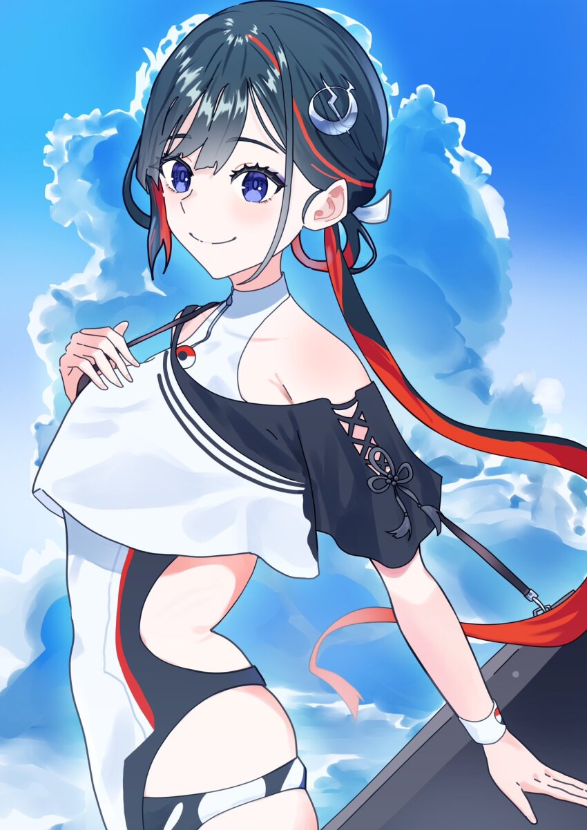 1girl, arm_behind_back, bare_shoulders, bikini, black_hair, black_ribbon, black_shirt, blue_sky
