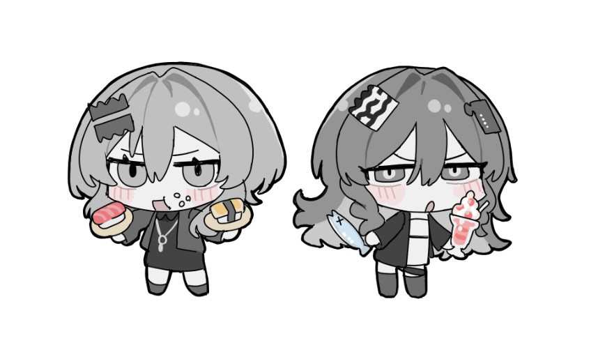 2girls, :o, animal, black_dress, black_jacket, blush, chibi, chibi_only