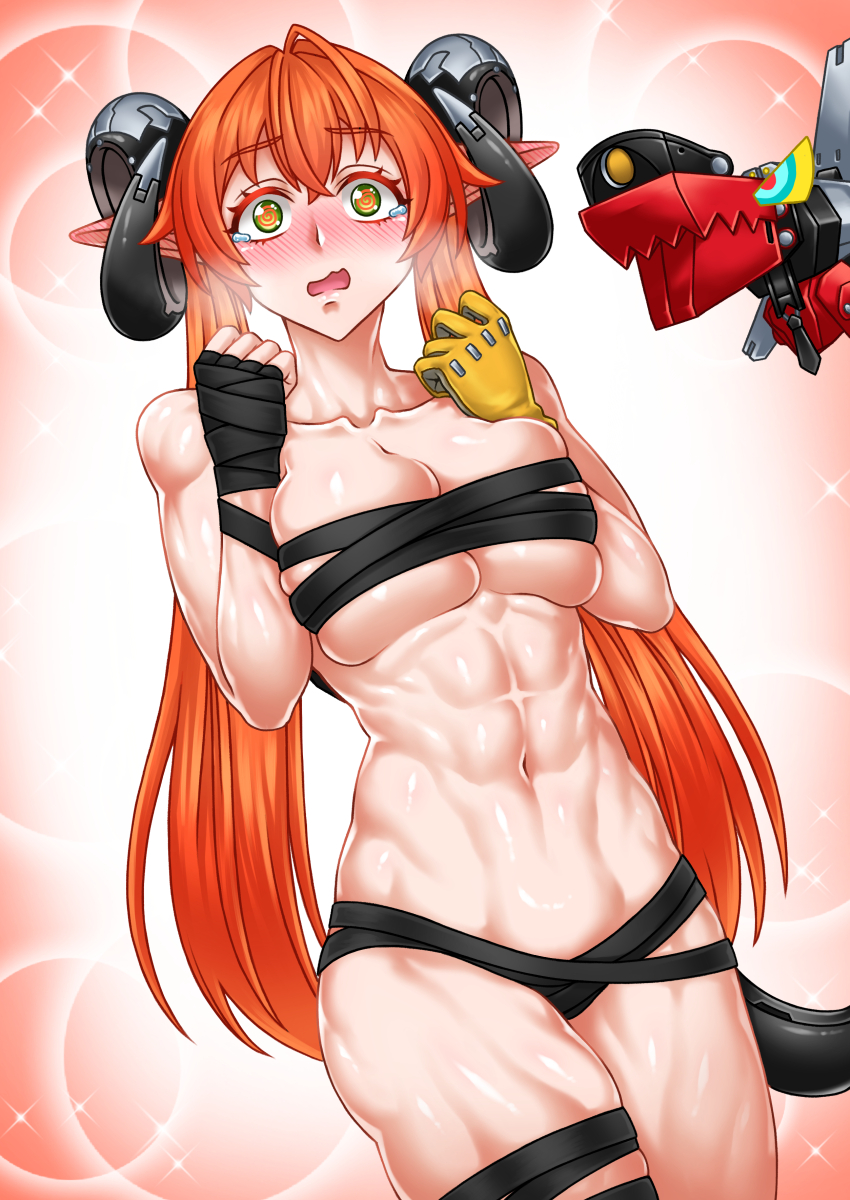 1girl, @_@, abs, absurdres, bandaged_hand, bandages, black_bandages, black_horns