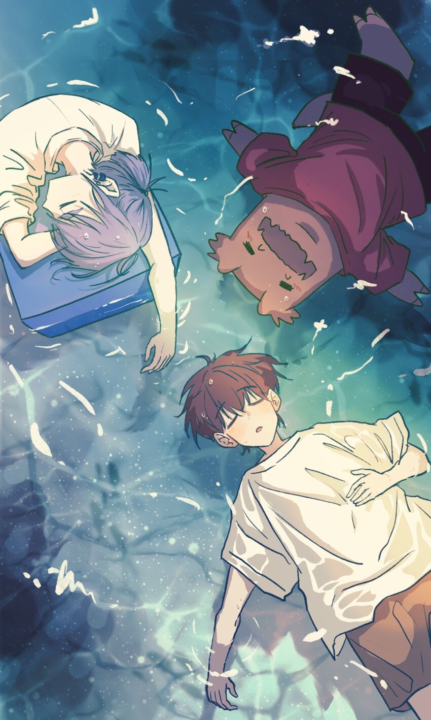 3boys, afloat, blue_hair, brown_hair, brown_shorts, closed_eyes, earrings, floating