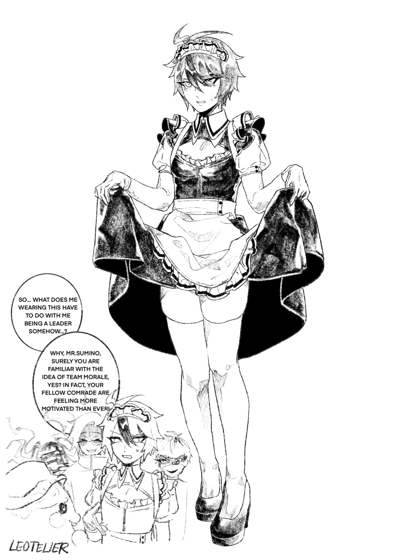 1girl, 3boys, absurdres, alternate_costume, amemiya_darumi, aotsuki_eito, apron, artist_name