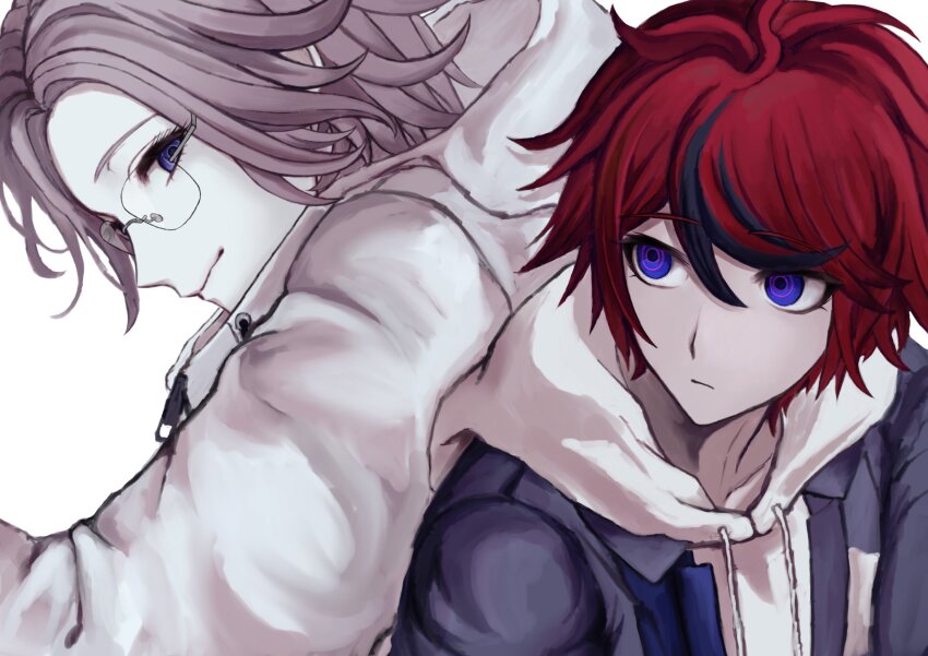 2boys, aotsuki_eito, black_hair, blue_eyes, blue_jacket, closed_mouth, commentary, drawstring