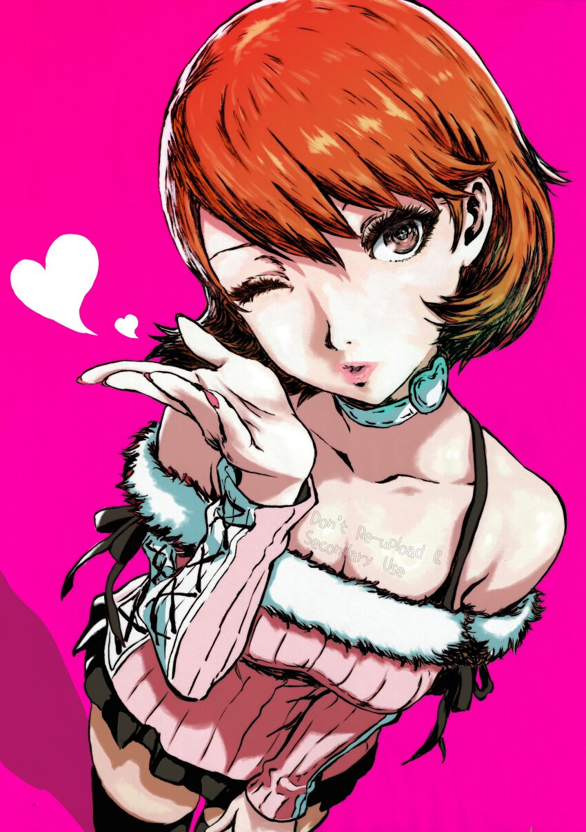 1girl, absurdres, bare_shoulders, black_skirt, black_thighhighs, blowing_kiss, bra_strap, breasts