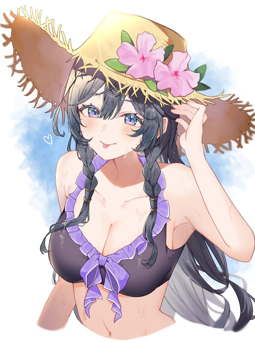 1girl, :p, arm_up, armpits, bikini, black_bikini, blush, braid