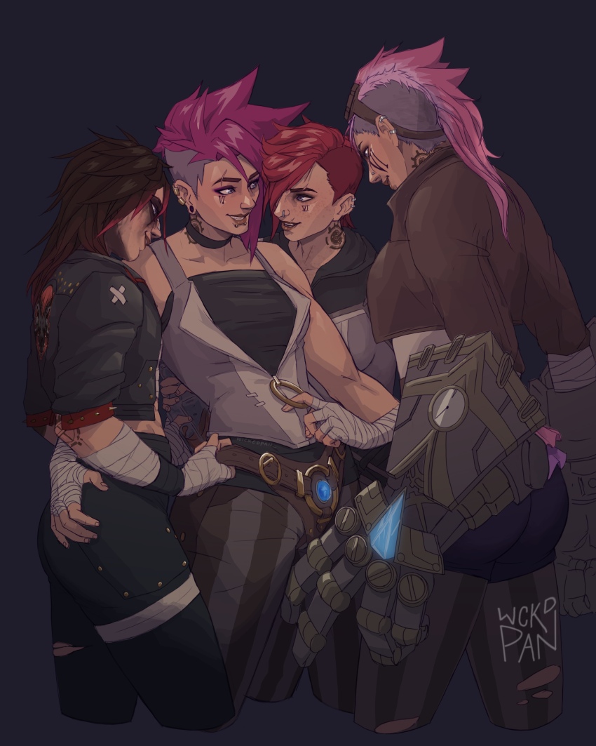 2xko, 4girls, absurdres, arcane:_league_of_legends, arcane_vi, arm_around_another's_waist, asymmetrical_hair, earclip