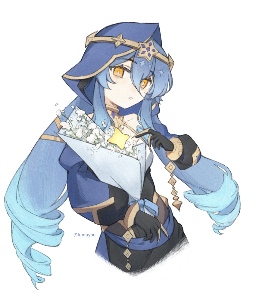 1girl, absurdres, artist_name, bare_shoulders, black_gloves, blue_hair, blue_hood, blue_sleeves