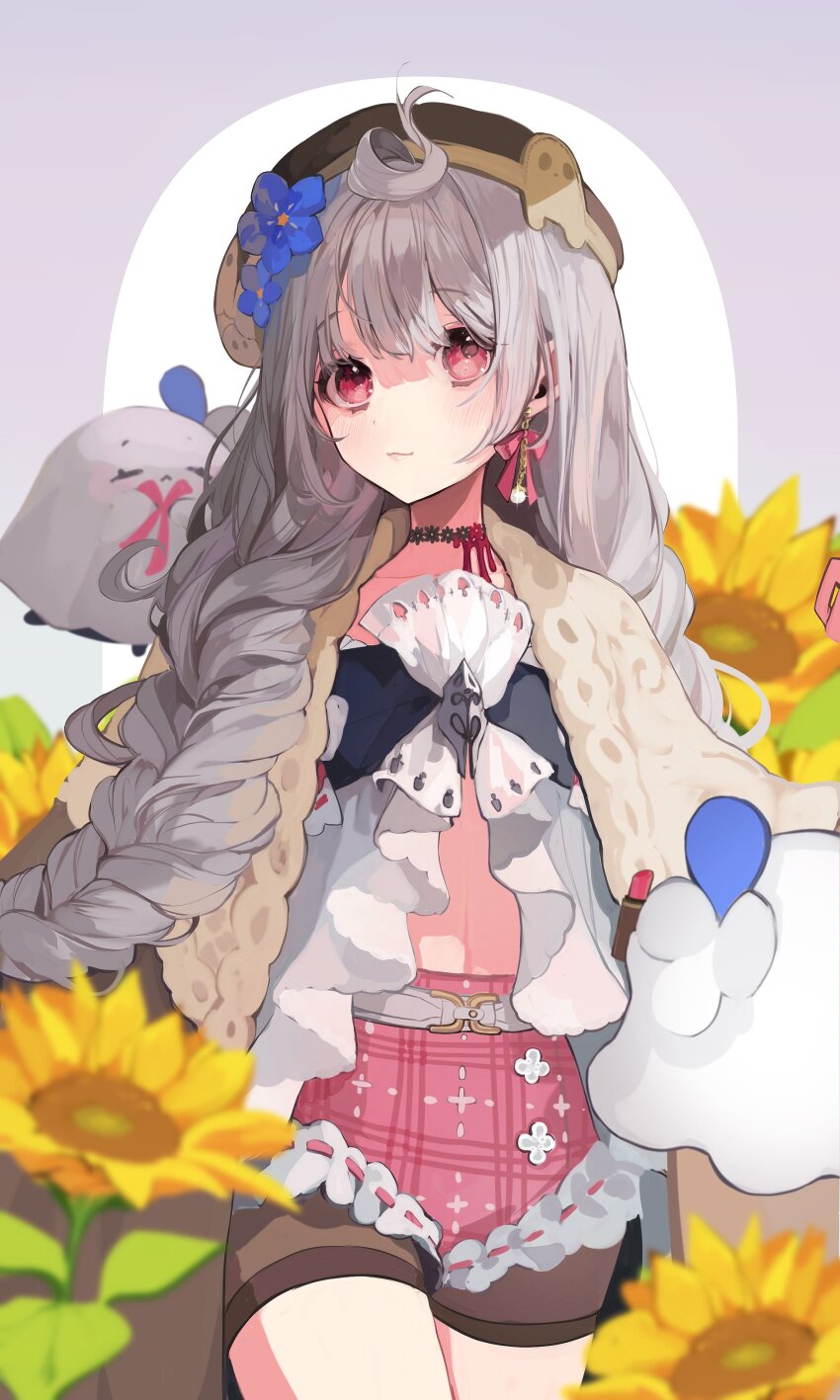 1girl, absurdres, ahoge, beret, braid, choker, commentary, earrings