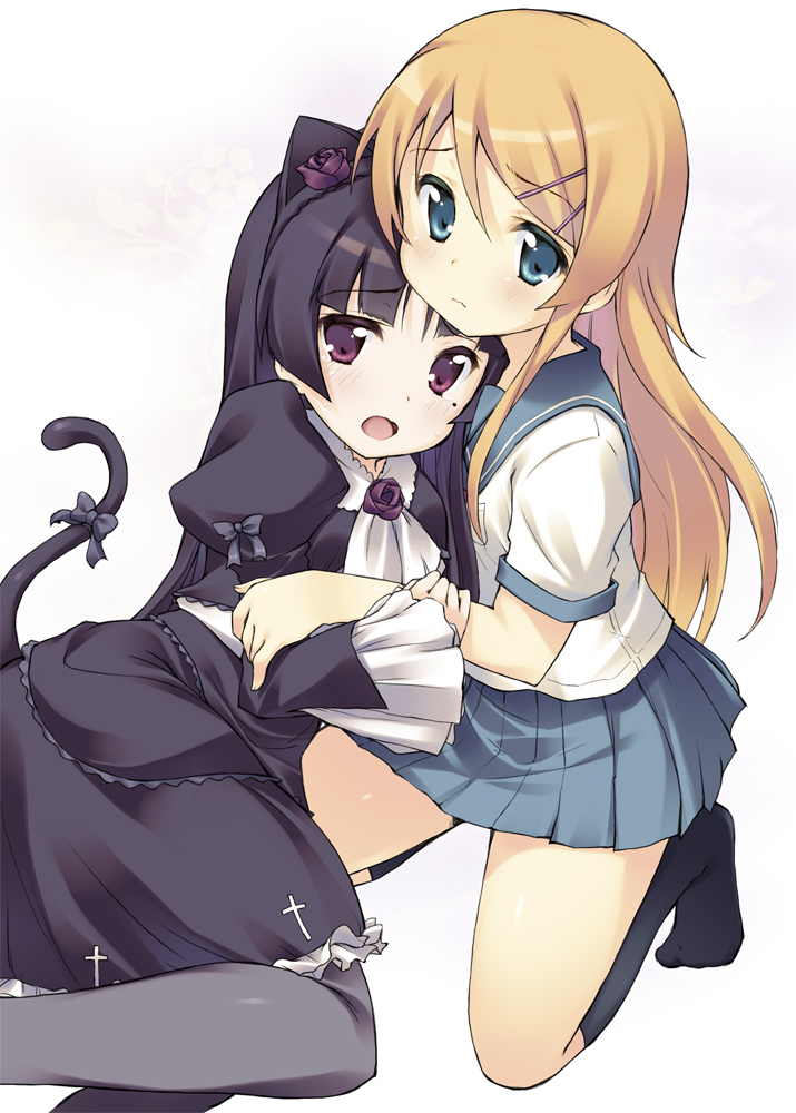 2girls, animal_ears, black_hair, black_legwear, blush, cat_ears, dress, gokou_ruri