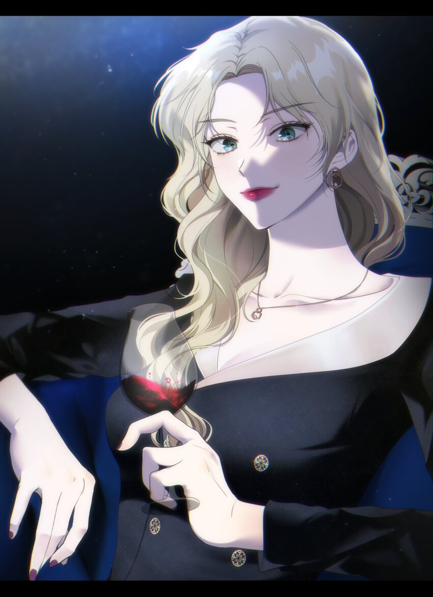 1girl, absurdres, blonde_hair, blue_eyes, closed_mouth, commentary_request, cup, drinking_glass, earrings, highres, holding, holding_cup, jewelry, knn_nabi, korean_commentary, letterboxed, long_hair, long_sleeves, meitantei_conan, necklace, red_lips, sitting, smile, solo, vermouth_(meitantei_conan), wine_glass