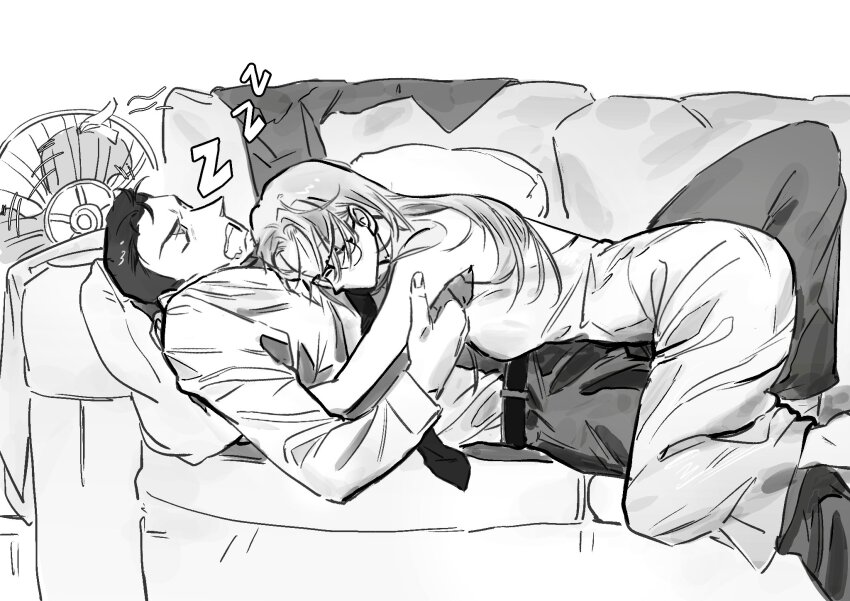 1boy, 1girl, belt, closed_eyes, commentary_request, dress, glasses, greyscale