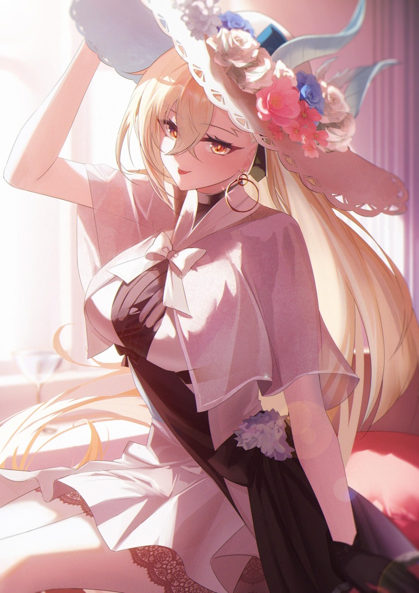 1girl, absurdres, black_gloves, blue_flower, blue_rose, blush, breasts, commentary_request