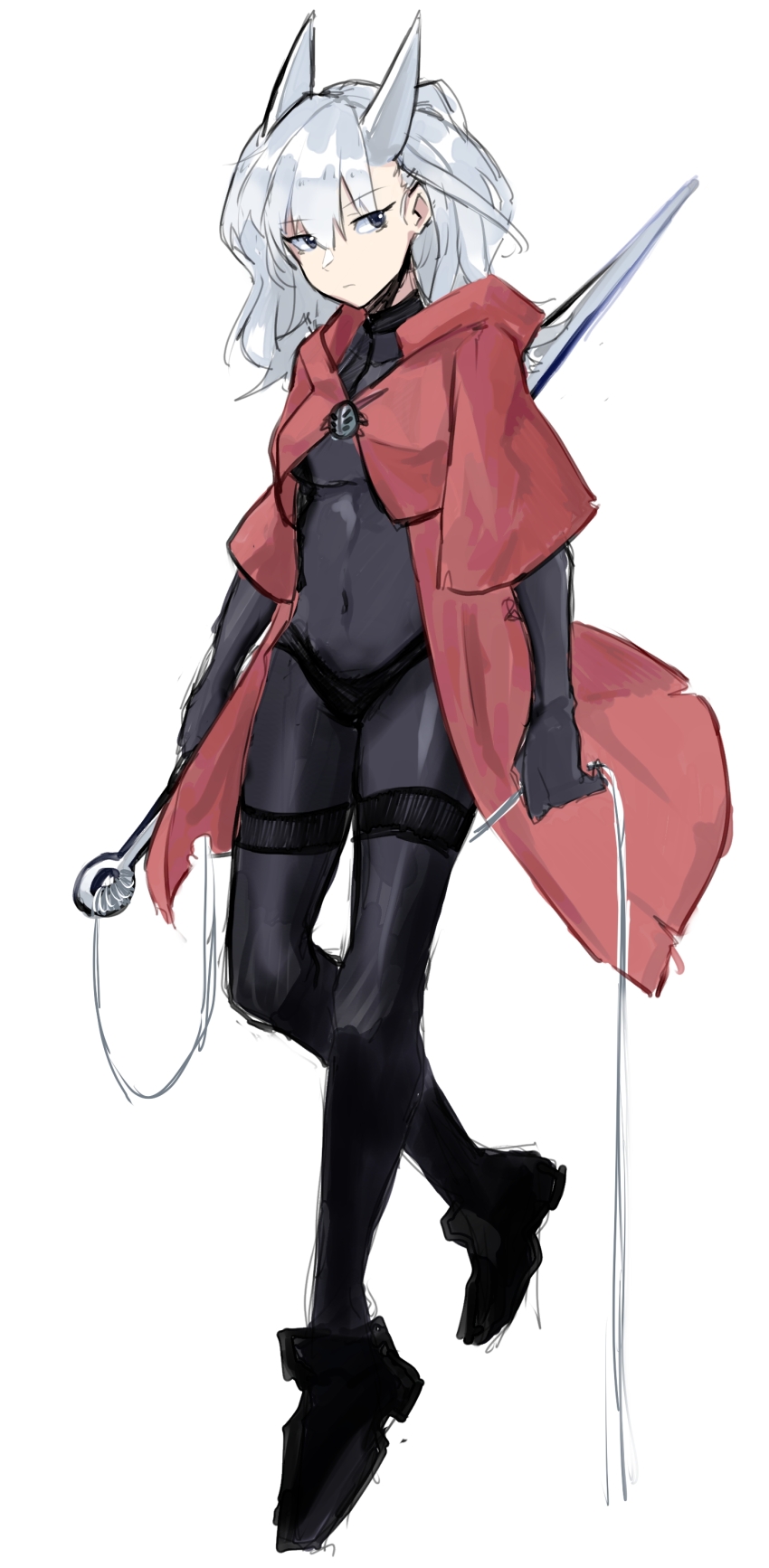 1girl, absurdres, black_boots, black_thighhighs, boots, cape, grey_eyes, highres