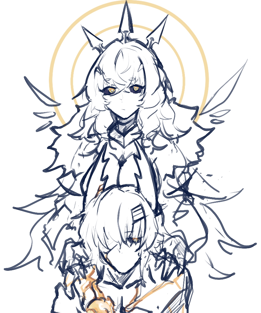 1boy, 1girl, curly_hair, hollow_knight, hollow_knight_(character), horns, radiance_(hollow_knight), whitebloodtofu