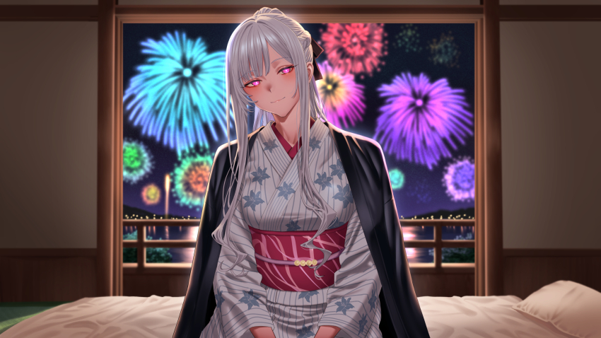 1girl, aerial_fireworks, ak-12_(girls'_frontline), alternate_costume, anakasakas, bed, black_ribbon, blush