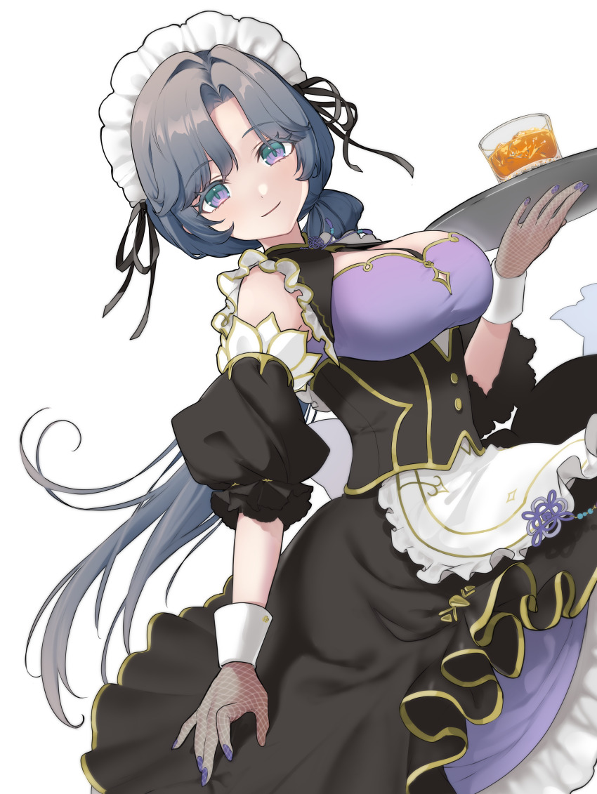 1girl, absurdres, alcohol, apron, arm_up, black_corset, black_dress, black_ribbon
