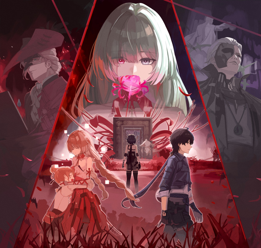 3boys, 3girls, absurdres, bare_shoulders, black_bow, black_hair, black_jacket, black_pants