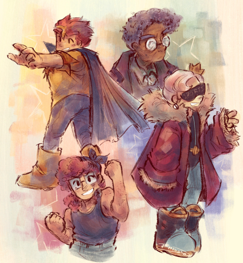 1girl, 1other, 2boys, beastieball, boots, cape, celia_(beastieball), coat, crown, earrings, glasses, highres, jewelry, kaz_(beastieball), large_shoes, mini_crown, multiple_boys, pink_hair, purple_hair, red_coat, red_hair, rhinoyo, riley_(beastieball), round_eyewear, shoes, signature, single_earring, sports_king, tank_top, white_hair