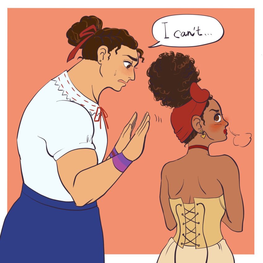 2girls, bow, brown_eyes, brown_hair, curly_hair, dark-skinned_female, dark_skin, dolores_madrigal, dress, earrings, encanto, hair_bow, hair_bun, highres, hohira1hohira, jewelry, luisa_madrigal, multiple_girls, muscular, muscular_female, red_bow, shirt, short_hair, simple_background, skirt