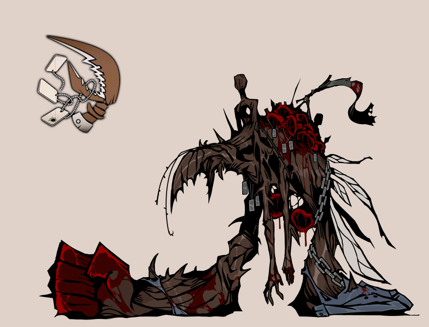 absurdres, antennae, arthropod_limbs, blood, blood_on_hands, chain, distortion_(project_moon), dog_tags