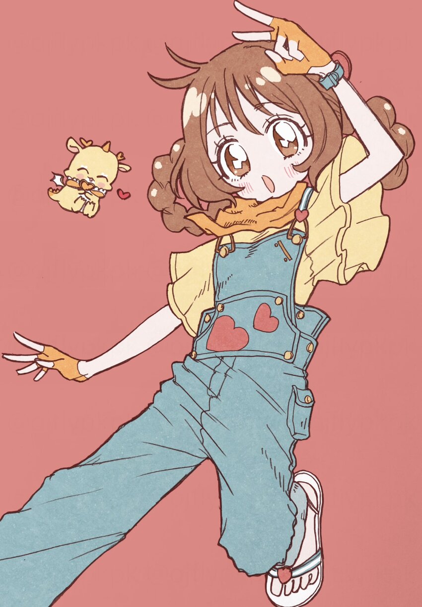 1girl, aji_fry, arm_up, blush, braid, braided_hair_rings, brown_eyes, brown_hair, delicious_party_precure, dragon, fingerless_gloves, flip-flops, gloves, hair_rings, hanamichi_ran, heart, highres, looking_at_viewer, mem-mem_(precure), open_mouth, orange_gloves, overalls, precure, red_background, red_eyes, sandals, short_sleeves, simple_background, wings