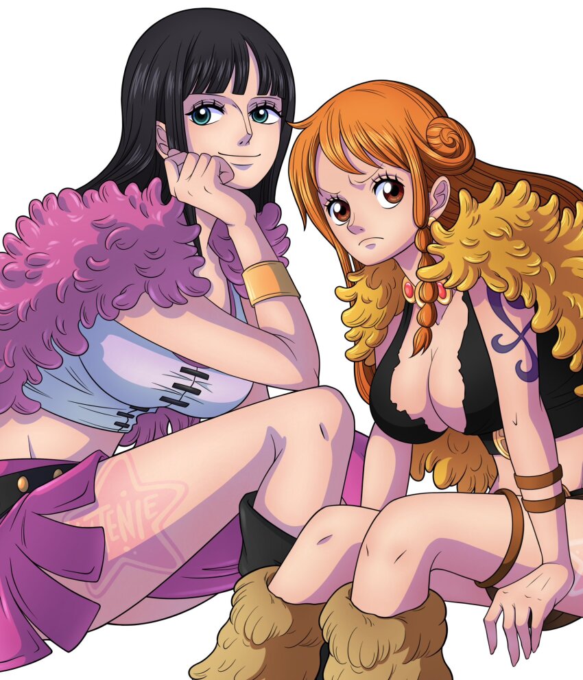 2025, 2girls, alternate_costume, alternate_hairstyle, artist_logo, artist_name, black_hair, blue_eyes