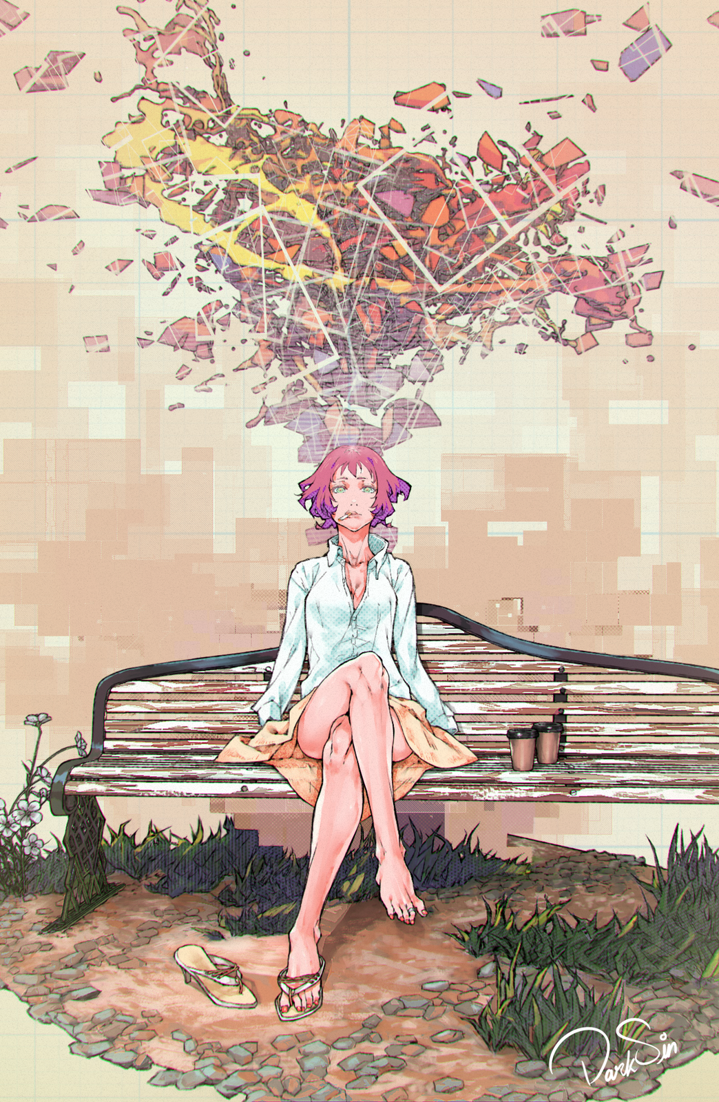1girl, bench, cigarette, darksin, flip-flops, flower, grass, highres