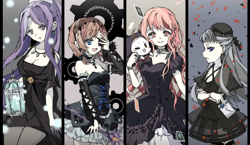4girls, absurdres, ace_(playing_card), ace_of_diamonds, ace_of_hearts, animal, arm_cutout, bare_shoulders