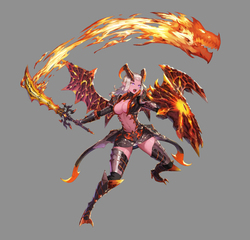 1girl, absurdres, armor, black_dress, breasts, cleavage, colored_skin, commentary, deepmaru, demon_girl, demon_horns, dragon, dress, english_commentary, fiery_wings, fire, flaming_shield, flaming_sword, flaming_weapon, frontless_outfit, full_body, highres, holding, holding_shield, holding_sword, holding_weapon, horns, king's_raid, large_breasts, leg_armor, medium_hair, morrah_(king's_raid), navel, official_art, open_mouth, pink_skin, pointy_ears, purple_eyes, shield, solo, spiked_armor, spikes, sword, weapon, white_hair, wings