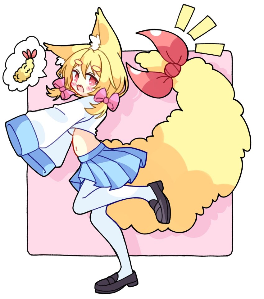 1girl, :3, animal_ear_fluff, animal_ears, black_shoes, blonde_hair, blue_skirt, blush_stickers