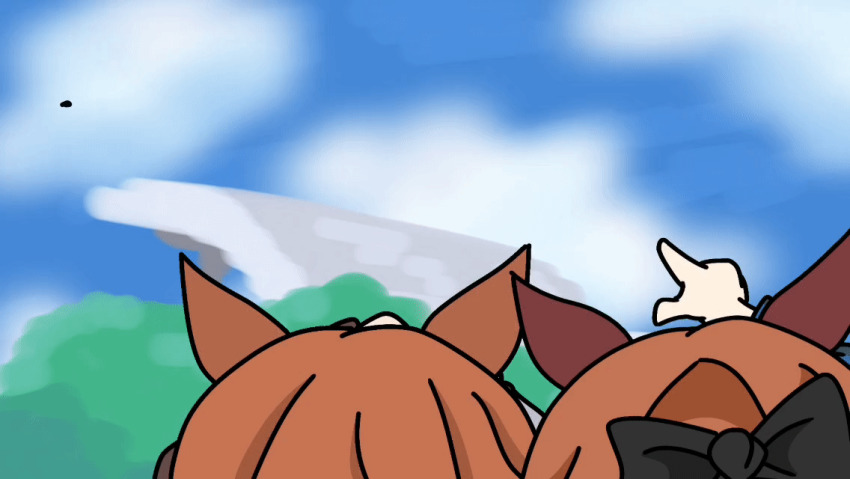 3girls, :d, animal_ears, animated, animated_gif, blue_sky, bow, brown_hair, chibi, closed_eyes, cloud, day, flying, full_body, gameplay_mechanics, gym_uniform, hair_bow, high_ponytail, horse_ears, horse_girl, horse_tail, jacket, long_hair, maruzensky_(umamusume), multiple_girls, open_mouth, outdoors, pants, pink_bow, ponytail, red_jacket, red_pants, s0m30ne, sky, smile, spinning, symboli_rudolf_(umamusume), tail, tokai_teio_(umamusume), tracen_training_uniform, umamusume, very_long_hair