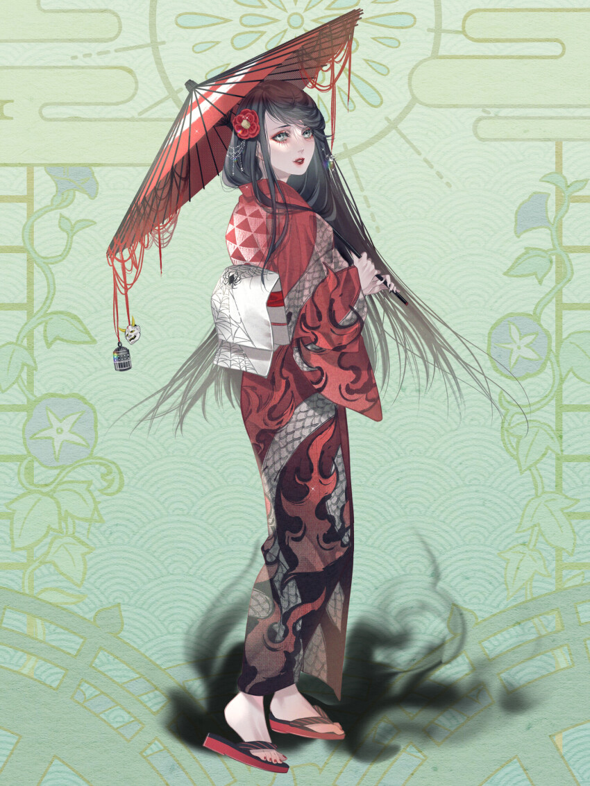 1girl, aura, black_hair, dairoku_ryouhei, eyelashes, flower, full_body, green_background