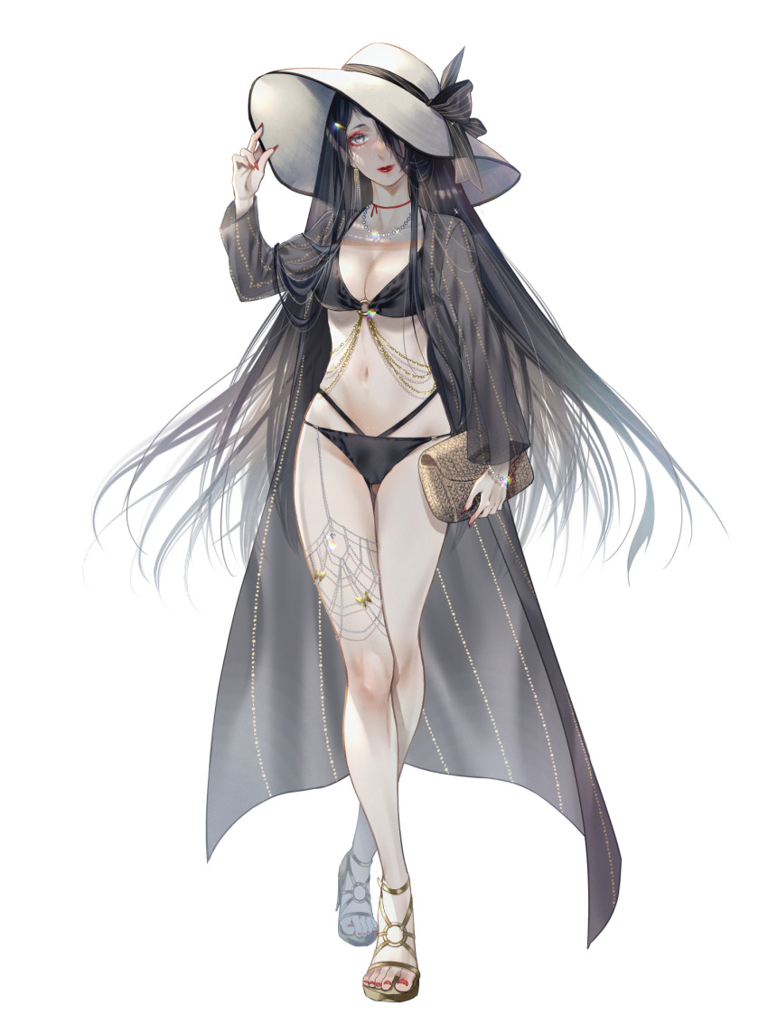 1girl, bag, bikini, black_bikini, bow, bracelet, breasts, cleavage, clutch_purse, dairoku_ryouhei, eyeshadow, full_body, glint, hair_over_one_eye, handbag, hat, hat_bow, highres, ihara_(wi_m0), jewelry, lipstick, long_hair, looking_at_viewer, makeup, medium_breasts, navel, necklace, o-ring, red_nails, red_ribbon, ribbon, sandals, see-through_clothes, solo, sparkle, standing, sun_hat, swimsuit, transparent_background, uraku_tamaki, very_long_hair, white_hat