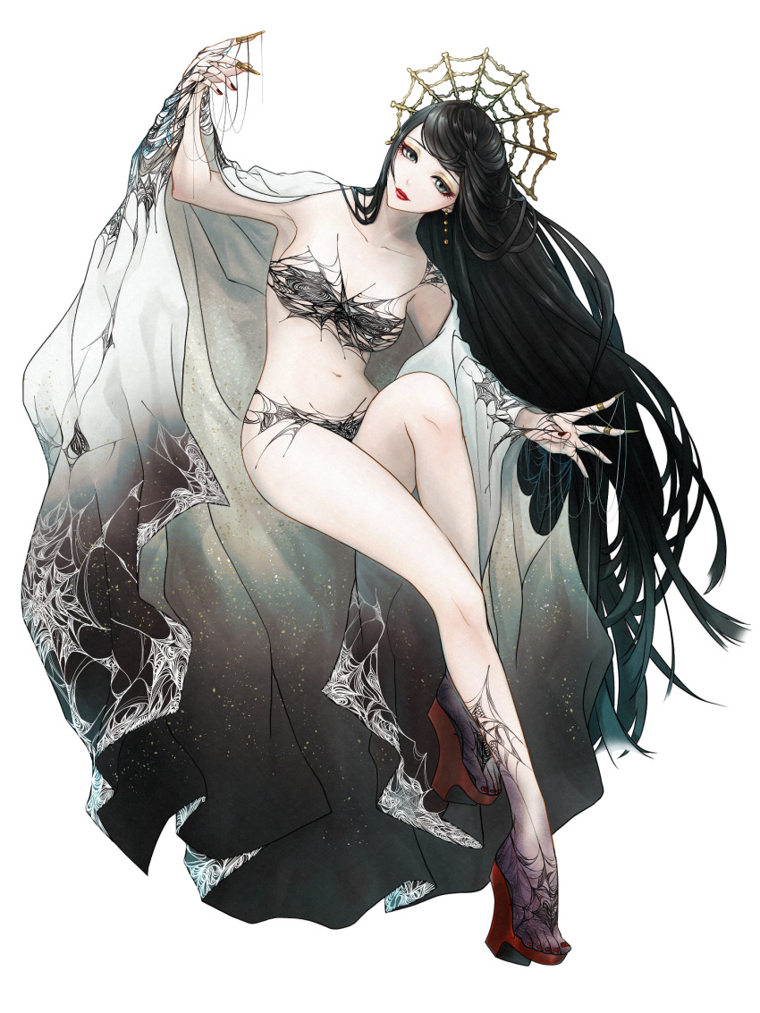 1girl, a-ao_(tw), bikini, black_hair, black_nails, breasts, dairoku_ryouhei, earrings, full_body, gradient_hair, grey_eyes, hair_ornament, highres, jewelry, lipstick, long_hair, looking_at_viewer, makeup, multicolored_hair, navel, pale_skin, platform_sandals, red_nails, sandals, silk, small_breasts, spider_web, spider_web_hair_ornament, swimsuit, transparent_background, uraku_tamaki, very_long_hair