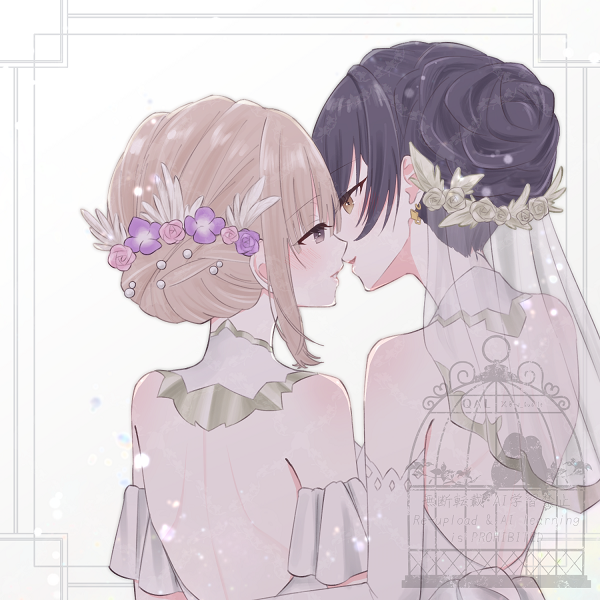 2girls, backless_dress, backless_outfit, bare_shoulders, black_hair, brown_eyes, brown_hair, commentary_request