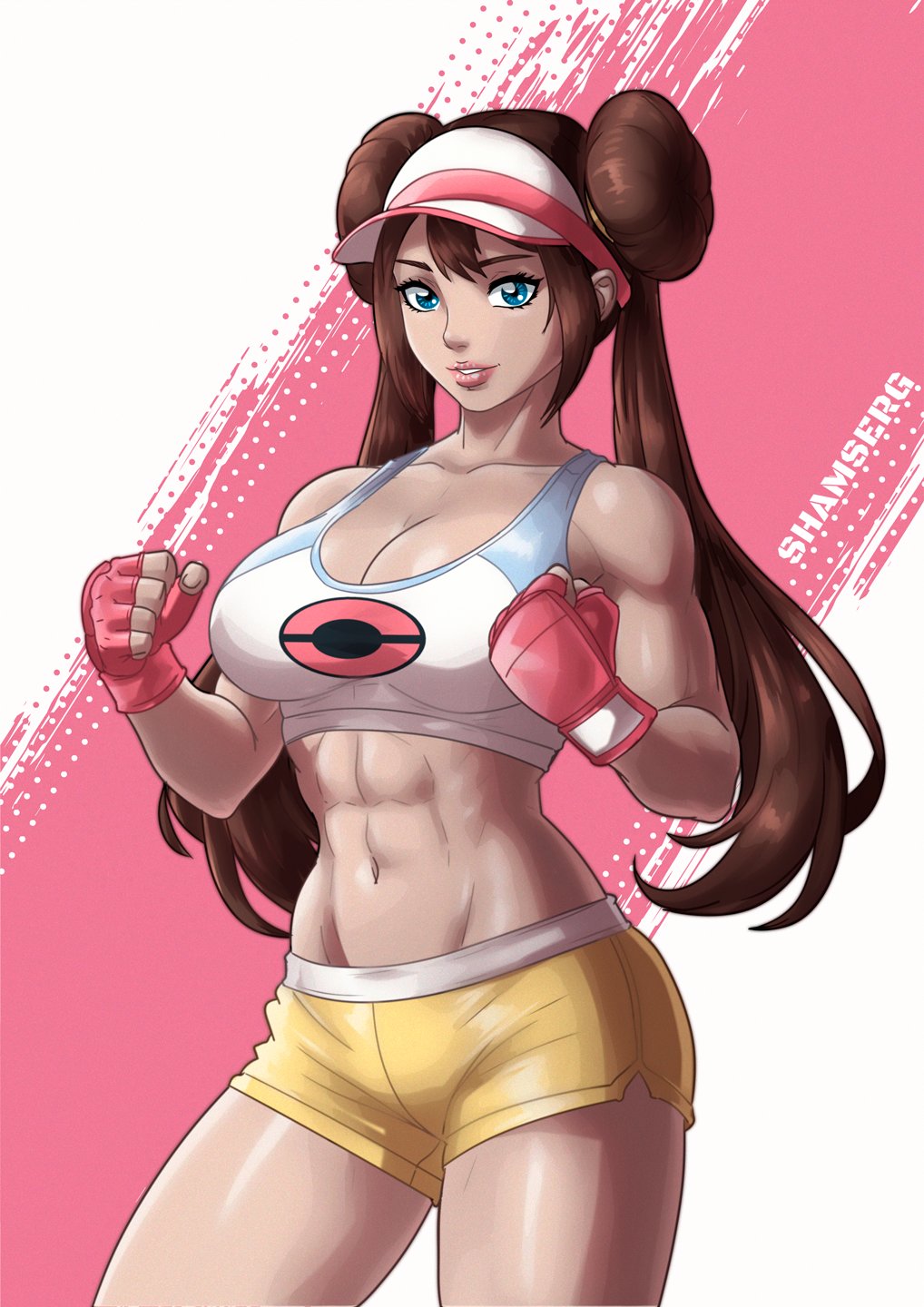 1girl, abs, artist_name, breasts, brown_hair, cleavage, clenched_hands, double_bun