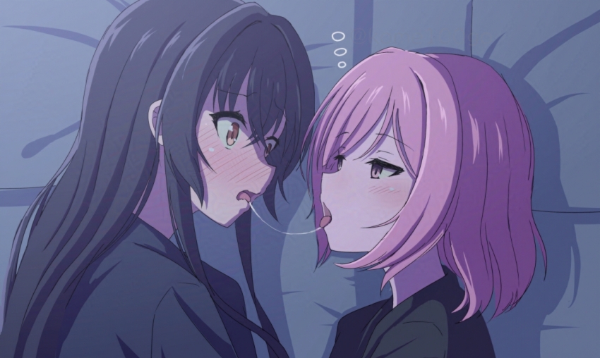 2girls, after_kiss, amaori_renako, black_hair, black_shirt, blush, commentary_request, eye_contact, fortefalse, koto_satsuki, long_hair, looking_at_another, medium_hair, multiple_girls, open_mouth, pink_eyes, pink_hair, red_eyes, saliva, saliva_trail, shirt, watashi_ga_koibito_ni_nareru_wake_naijan_murimuri!, yuri