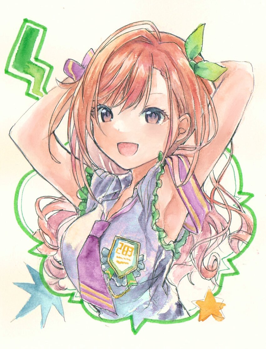 1girl, :d, ahoge, arisugawa_natsuha, armband, armpits, arms_behind_head, arms_up