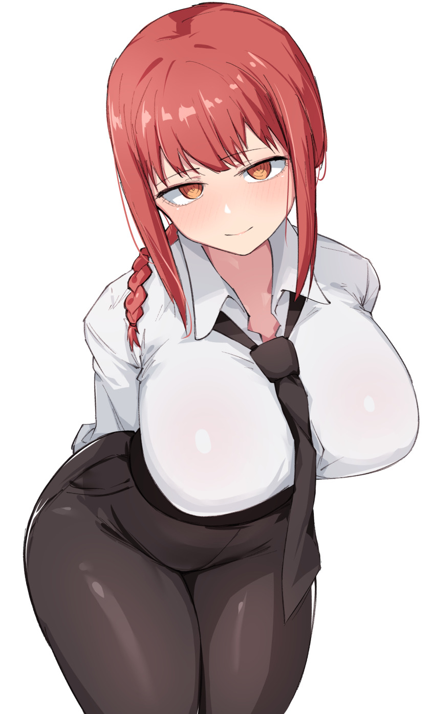 1girl, absurdres, arms_behind_back, black_necktie, black_pants, braid, braided_ponytail, breasts