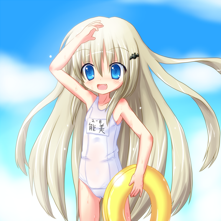 blonde_hair, blue_eyes, fang, i3, innertube, little_busters!, long_hair, noumi_kudryavka, one-piece_swimsuit, school_swimsuit, solo, swim_ring, swimsuit, wet, white_one-piece_swimsuit, white_school_swimsuit