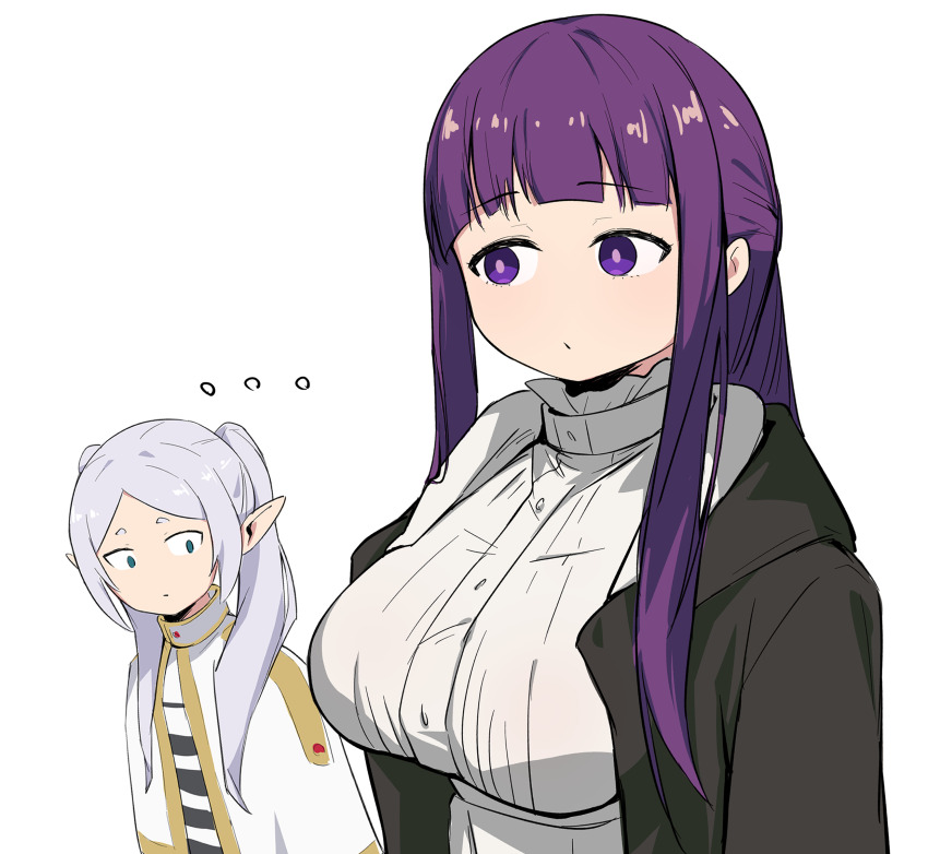 ..., 2girls, black_coat, blunt_bangs, breast_envy, breasts, capelet, coat