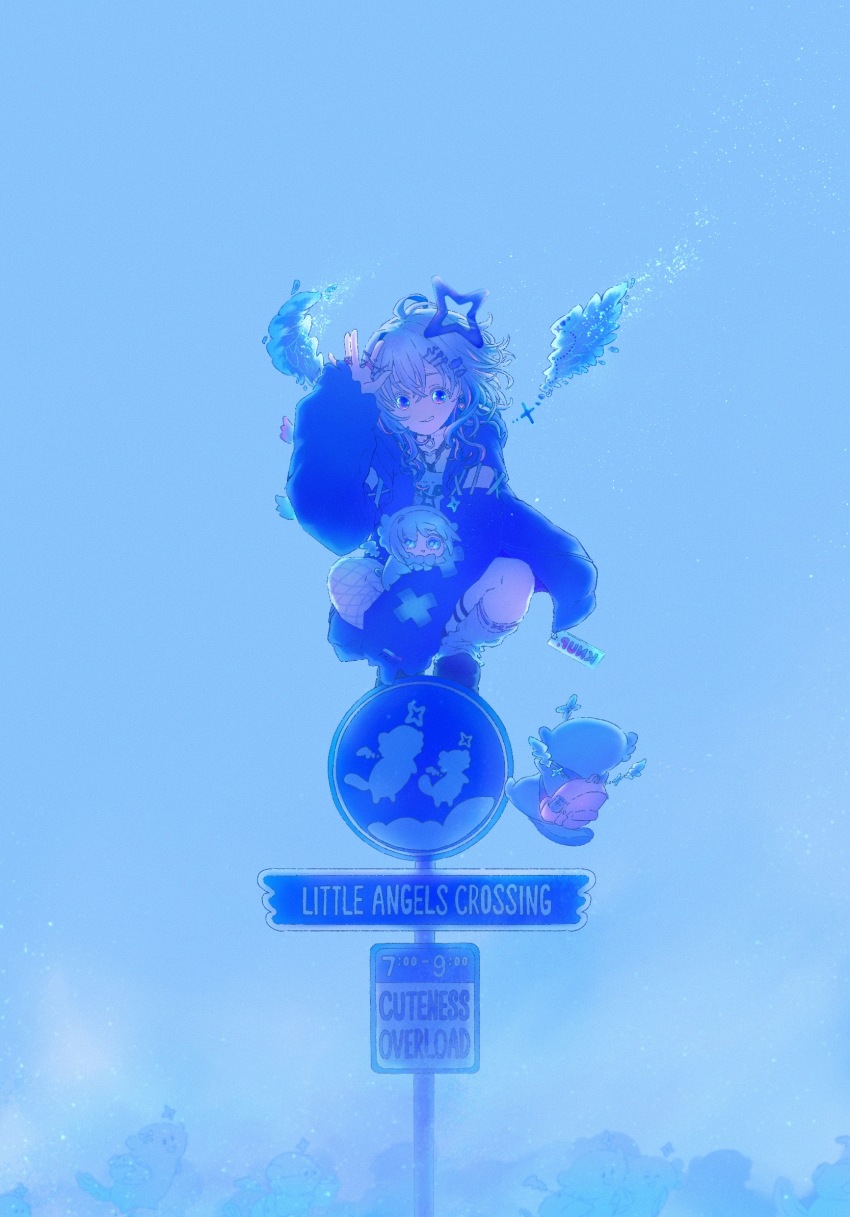 1girl, 2others, amane_kanata, amane_kanata_(cutesy_punk), angel, angel_wings, asymmetrical_bangs, backpack